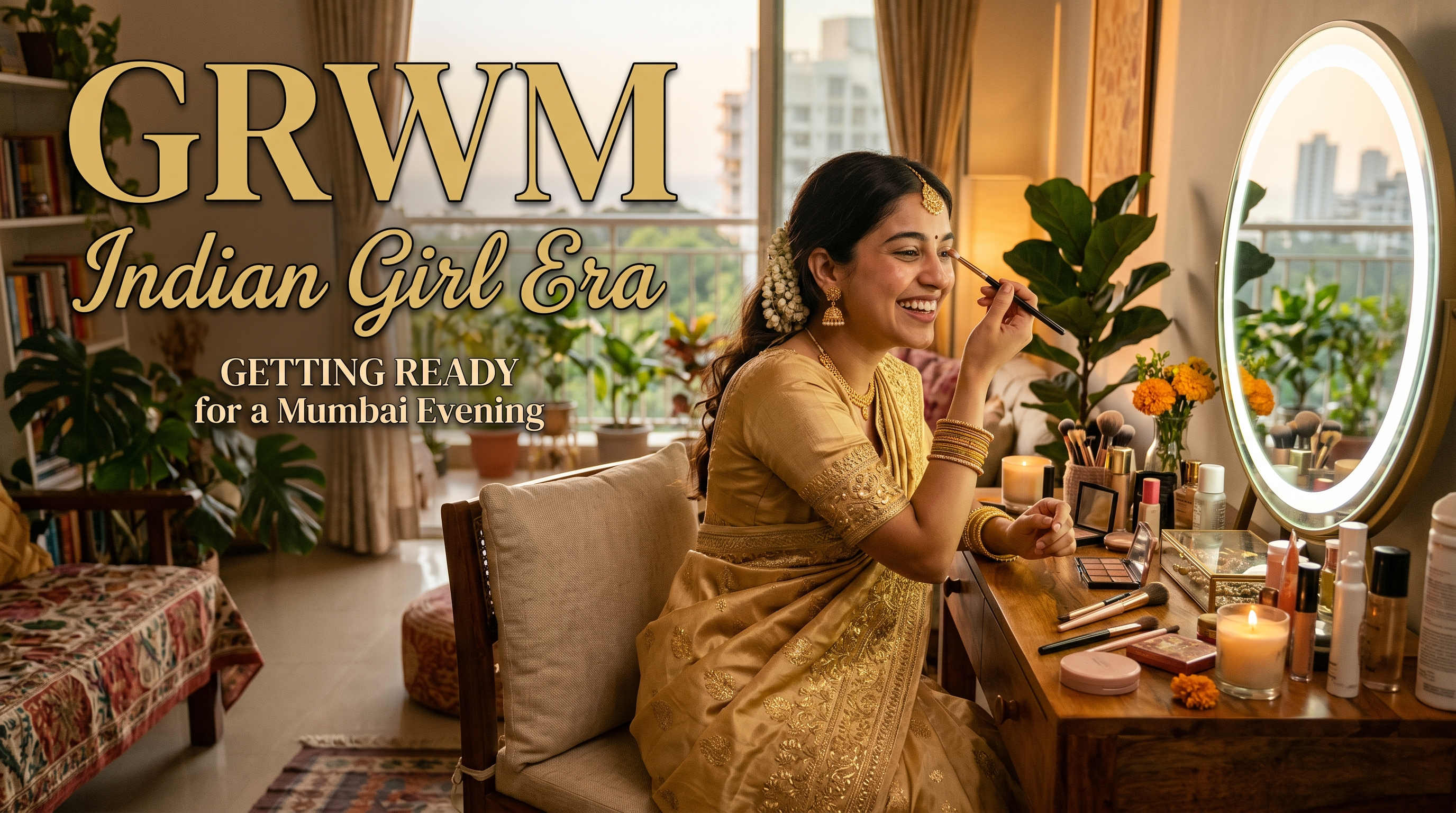 Indian Girl Era GRWM hero image with young Indian woman in golden sari getting ready in a soft lit Mumbai apartment