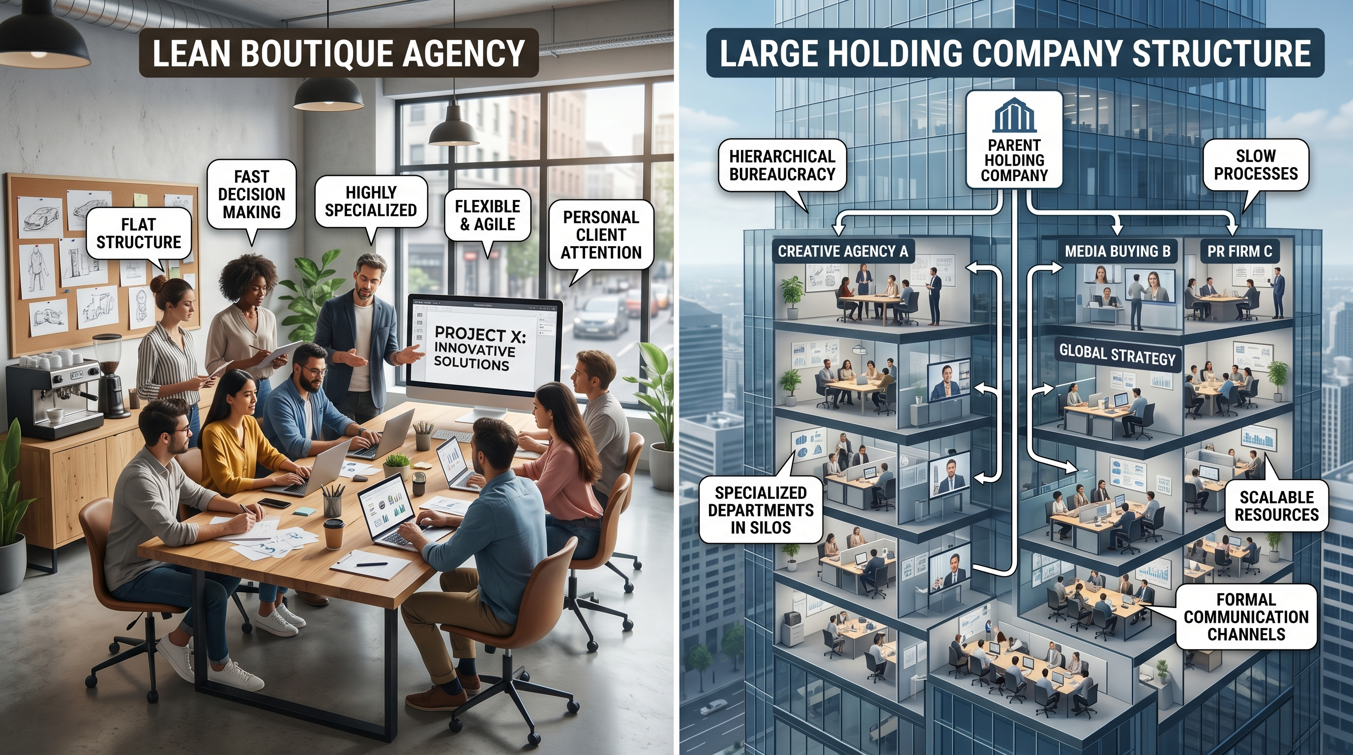 Illustration comparing lean boutique agency against large holding company structure