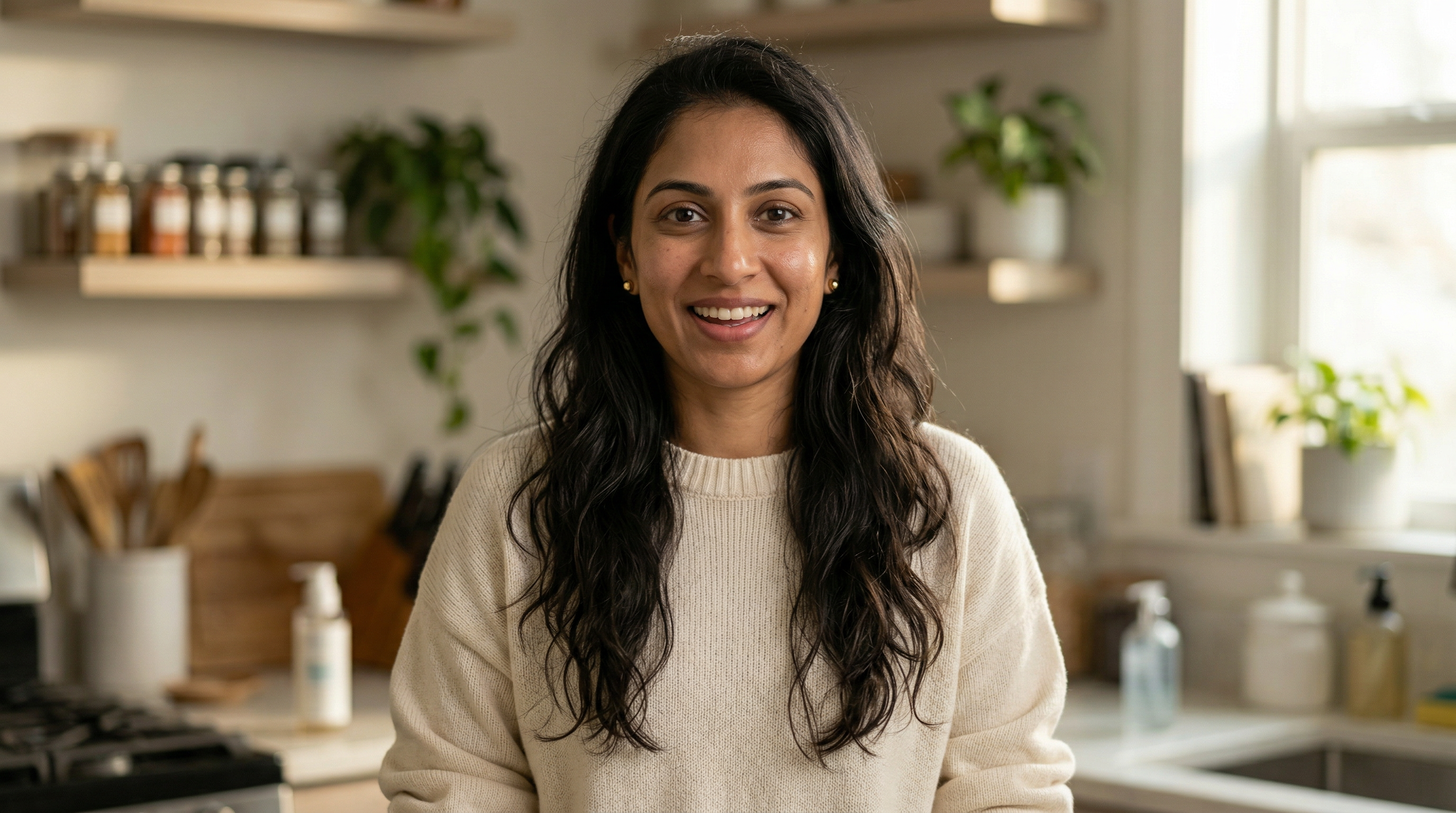 Photorealistic candid portrait of a South Asian-American woman in a home kitchen smiling warmly with a skincare product bottle visible on the counter behind her