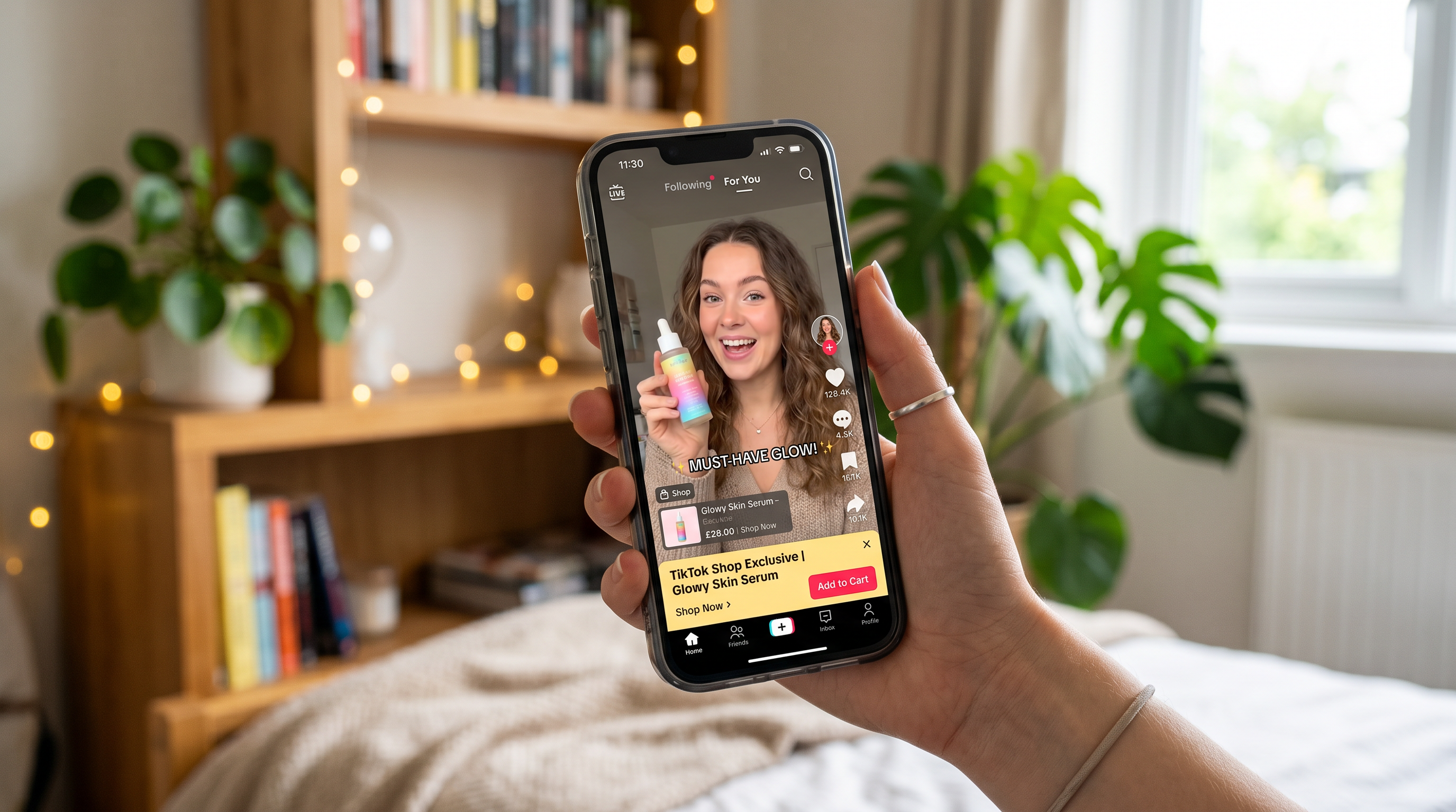 TikTok Shop AI UGC hero showing mobile TikTok feed with AI generated product ad playing