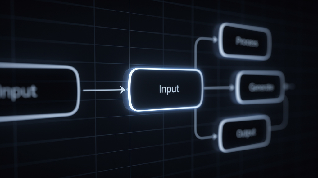 Abstract close-up of a dark node-based workflow canvas showing interconnected rounded nodes with glowing edges and directional arrows suggesting data flowing between AI model steps