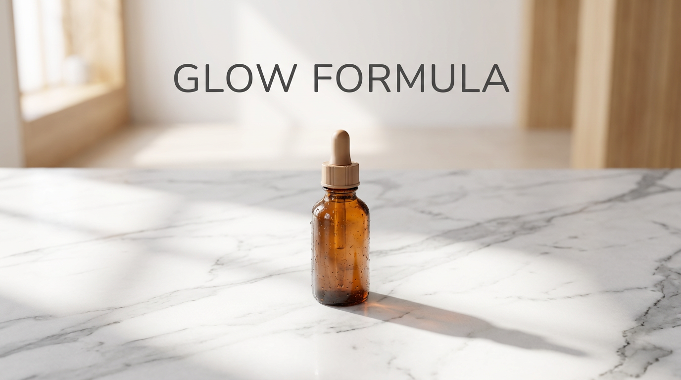 Nano Banana AI-generated product hero shot showing a skincare serum bottle on marble with accurate text overlay and physically correct shadows