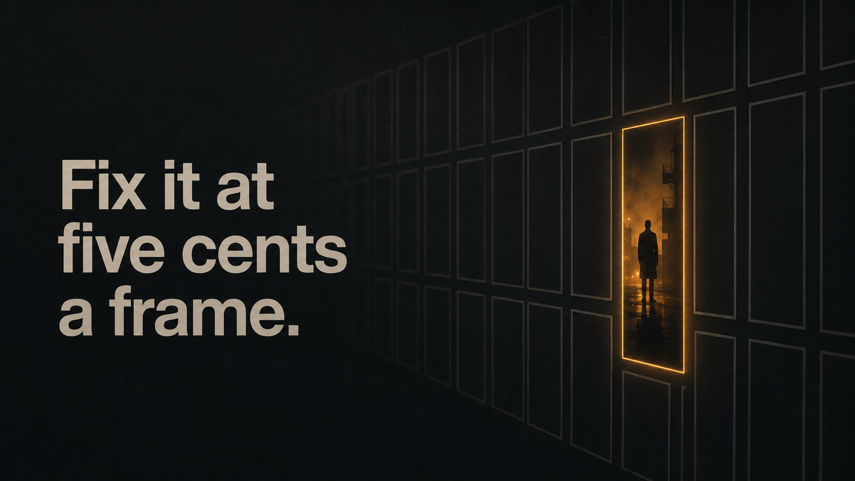 One glowing storyboard frame among a faint grid of frames, the cheap decision layer made monumental