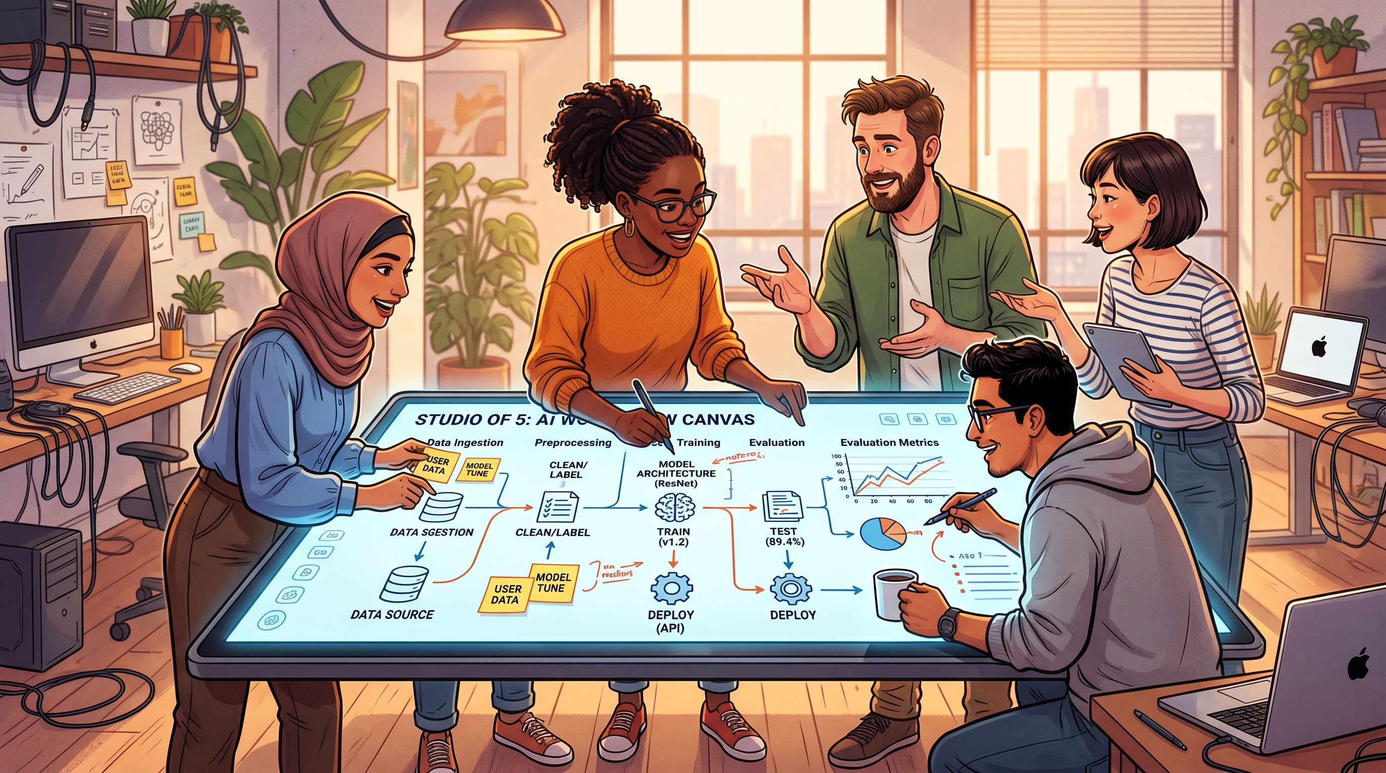 Illustration of a five person Studio of 5 team collaborating on an AI workflow canvas