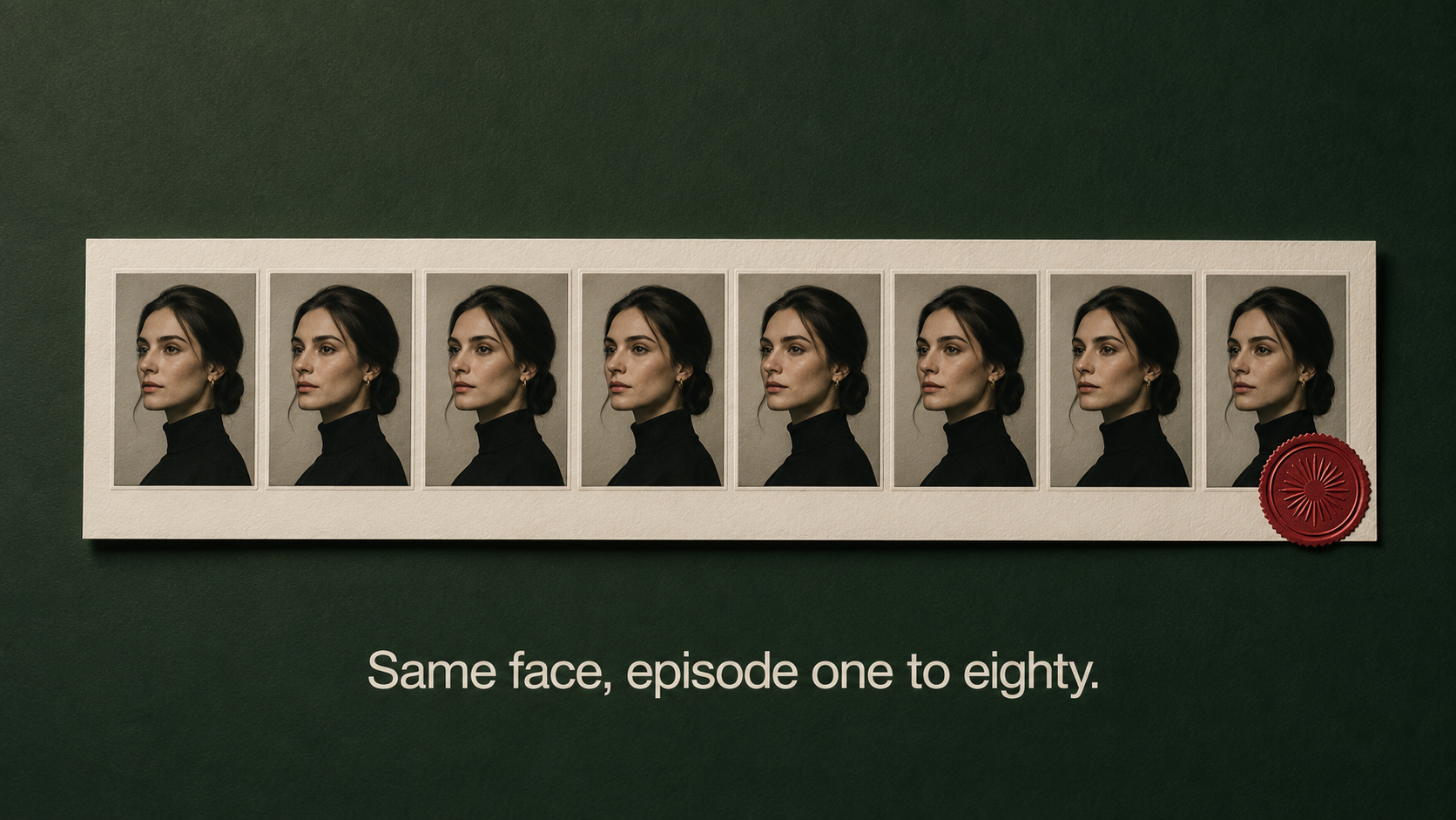 A film-strip row of identical elegant portraits, consistency itself as the image