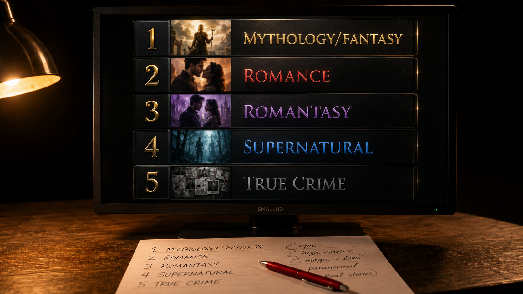 Production monitor showing a cinematic genre ranking leaderboard for AI microdrama with five genre cards ranked by performance