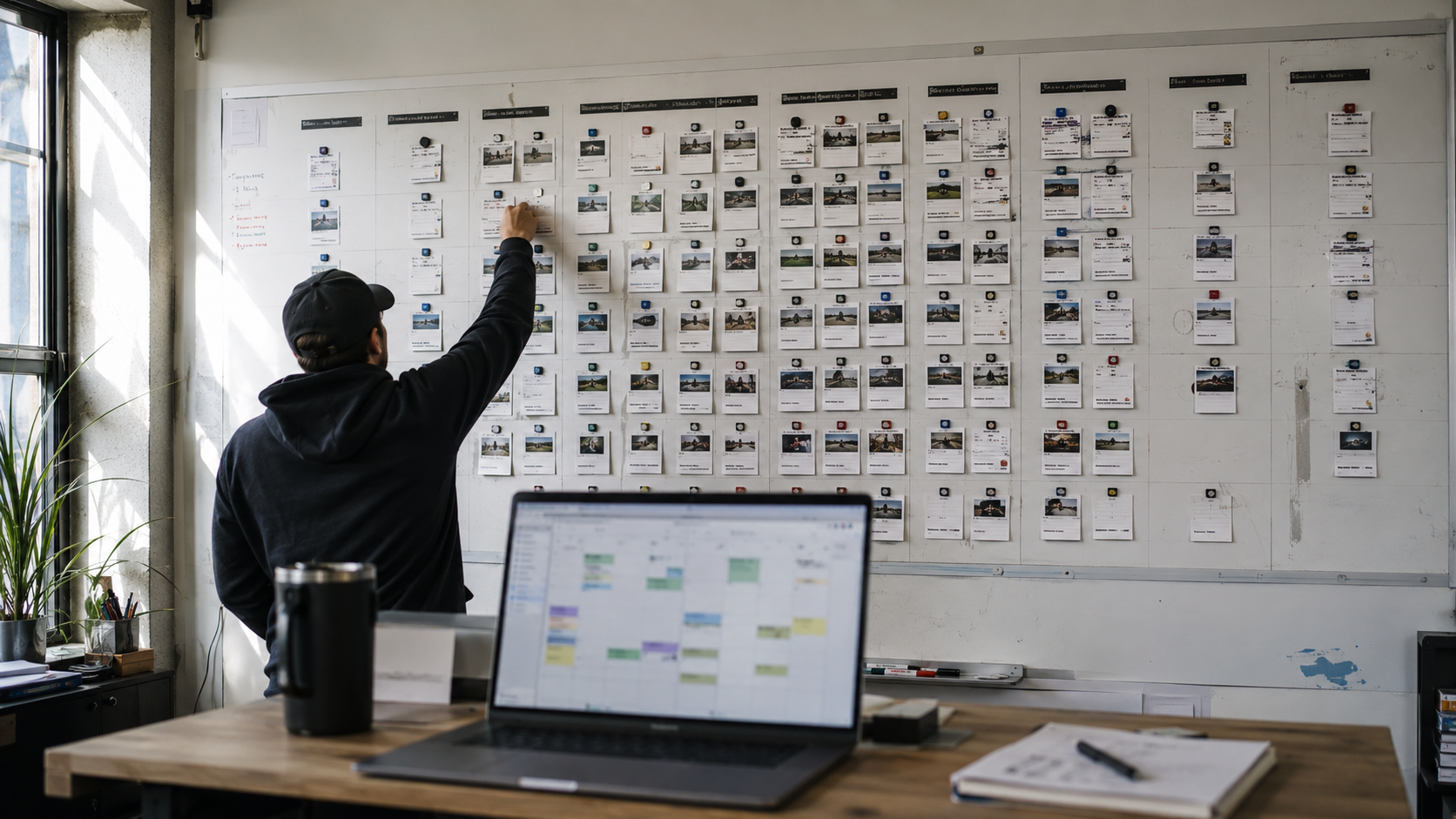 The season operating system as a physical production board: 60 episode rows moving through six pipeline state columns