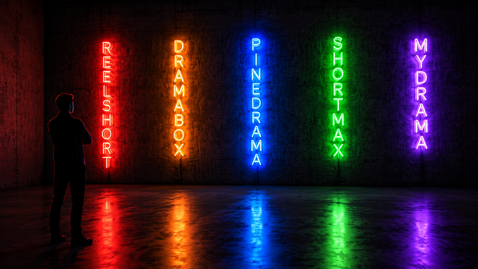 Five vertical drama platform neon signs on a production wall with a producer silhouette choosing between them