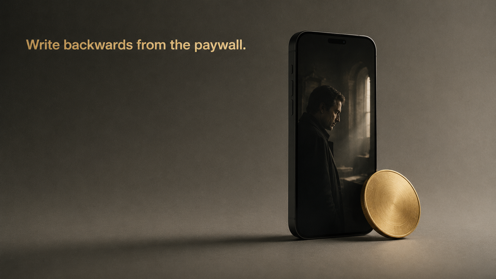 A vertical phone standing like a monolith with a single gold coin resting against it, the payment decision as object