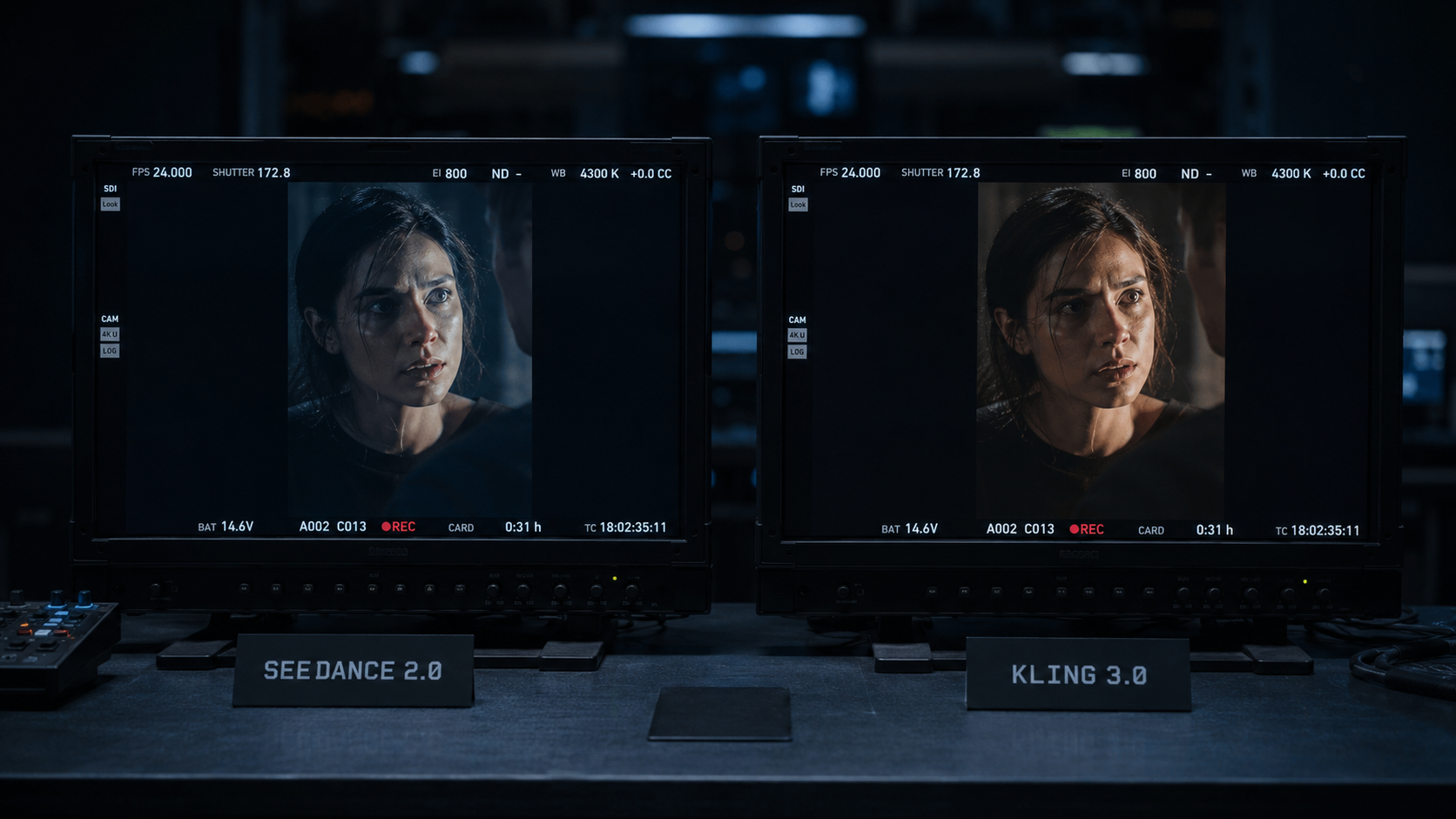 Side-by-side production monitors comparing the same vertical drama scene rendered in Seedance 2.0 and Kling 3.0