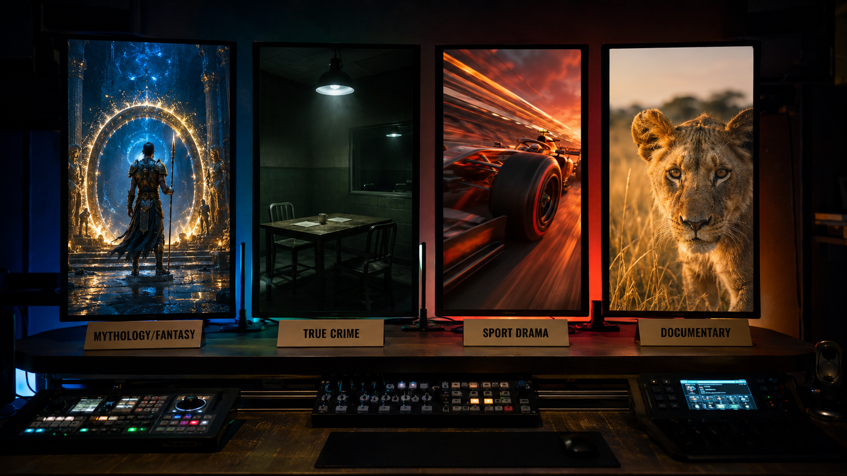 Four vertical production monitors showing AI microdrama stills from four different frontier genres: fantasy, true crime, sport, and documentary