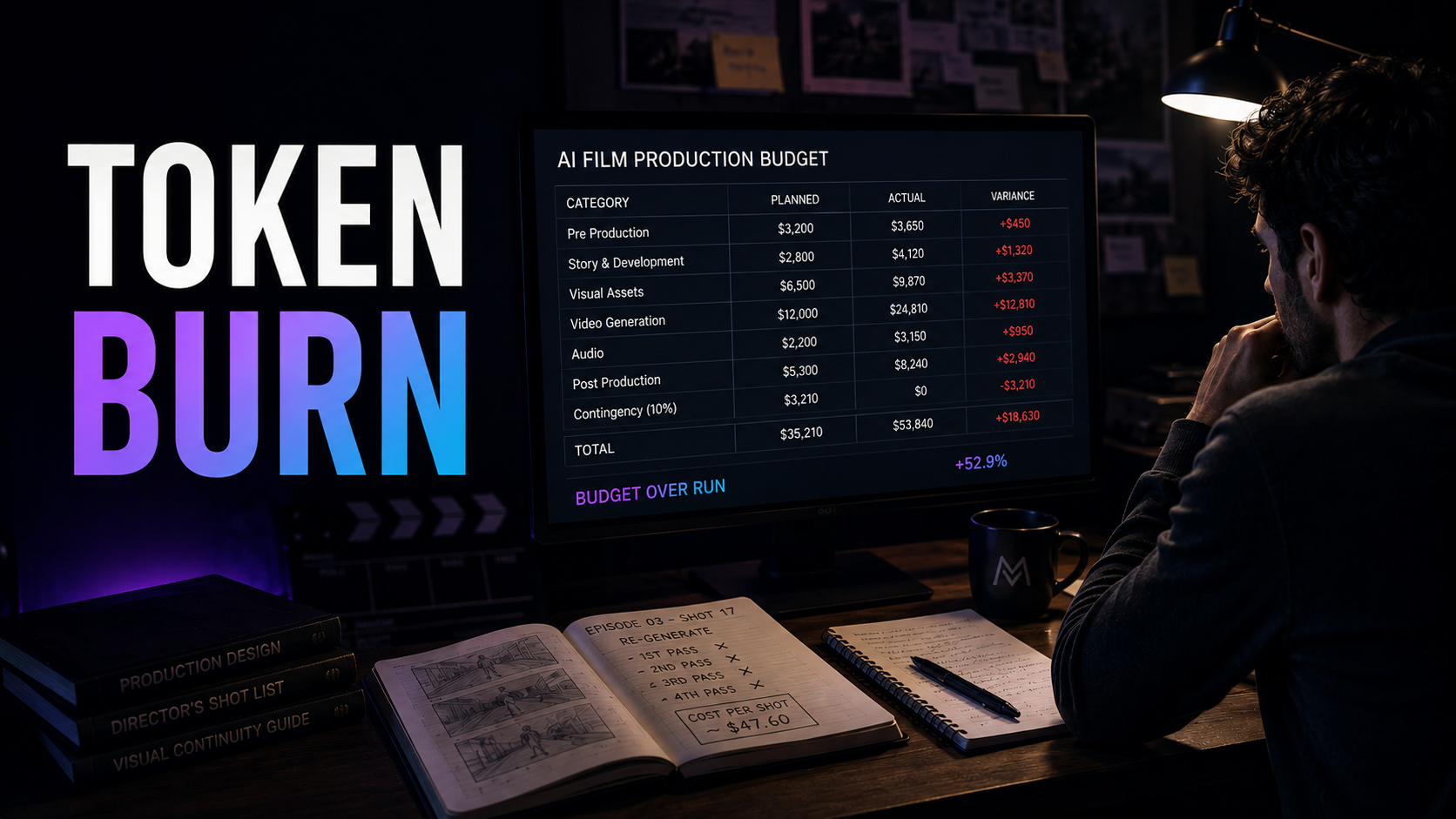 A film producer at a desk surrounded by two versions of a budget spreadsheet — one neat and planned, one chaotic with red overruns — with holographic AI generation nodes floating above the desk showing a compounding cost cascade